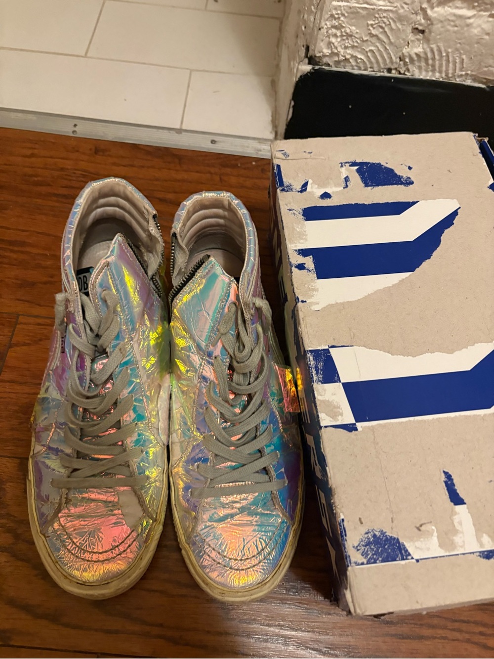 Iridescent Holographic High-Top Sneakers - Shimmering Multi